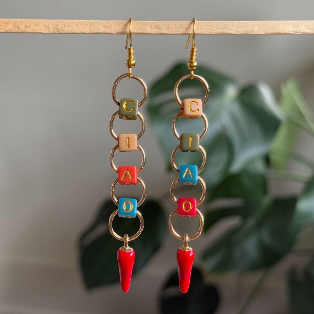 handmade "ciao" colorful earrings with red italian chili pepper charms